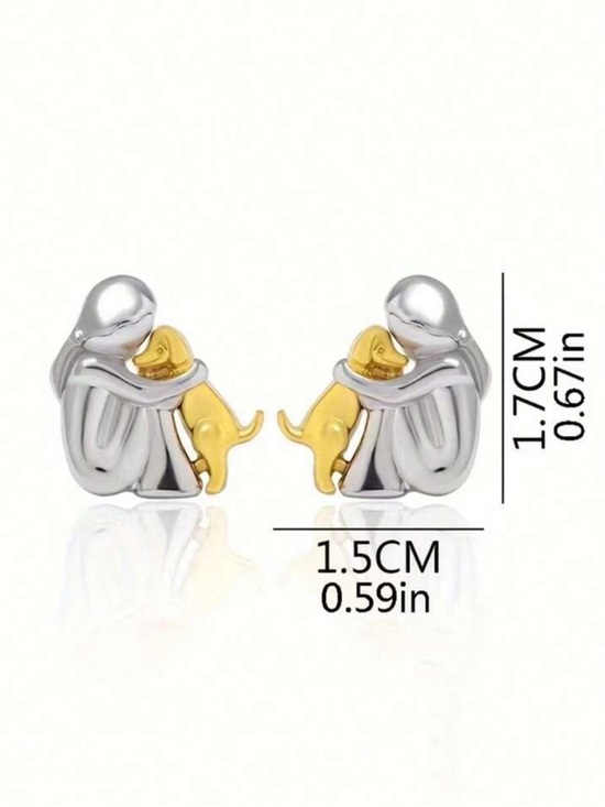 Silver and Gold Hugging Dog Stud Earrings - Picture 5 of 5